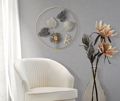Quadro mazzo di fiori e foglie nel cerchio grigio oro tortora nero 65,4cm  40491