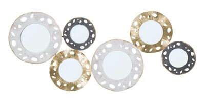 Quadro in metallo specchi e cerchi forati toni bianchi oro e tortora 104x45,5  41162