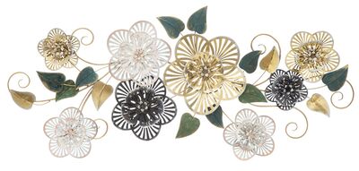 Quadro in metallo con fiori bianchi e oro e foglie verdi 115x58cm  40649