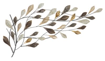 Quadro moderno in metallo lungo orizzontale ramo foglie tortora, oro e argento 115x65  40447