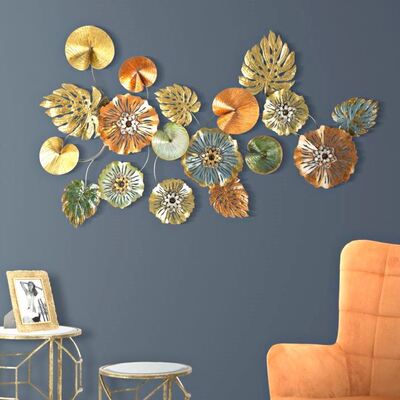 Quadro lungo orizzontale blu oro e rame fiori in metallo e foglie 117x74cm  40311