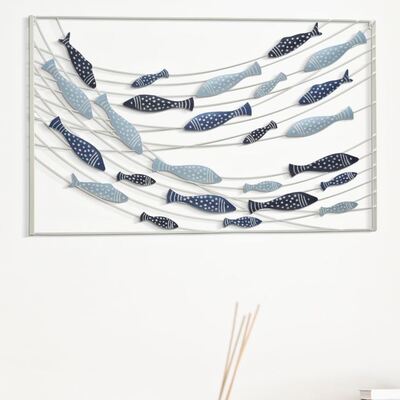 Quadro blu e grigio pannello metallo mare con onde e pesci 96,5x61  41495