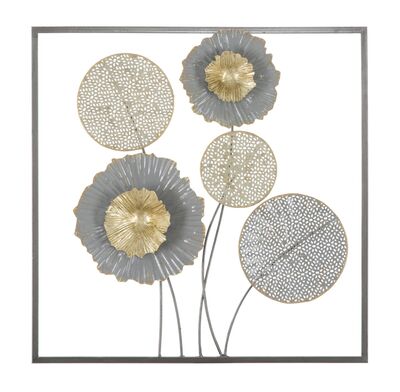 Quadro sulle tonalit&agrave; del grigio fiori e dischi in metallo 50cm  40382