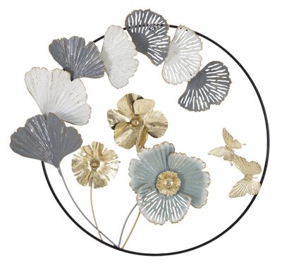 Tonalit&agrave; azzurro oro girgio bianco su metallo rotondo con fiori e farfalle  40492
