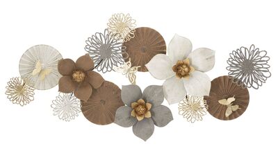 Quadro lungo orizzontale in metallo fiori cerchi farfalle pompon 136,5x68,6  40952