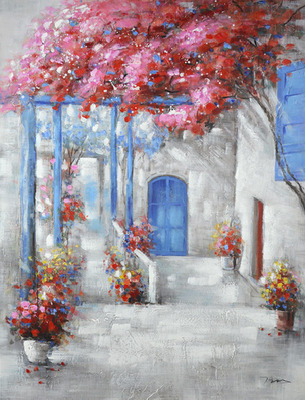 Quadro moderno su tela blu e rosso fiori veranda 90x120