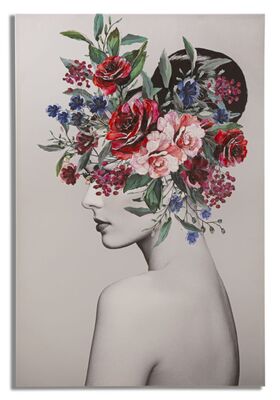 Quadro con viso di donna in bianco e nero e testa con fiori colorati 80x120  40862