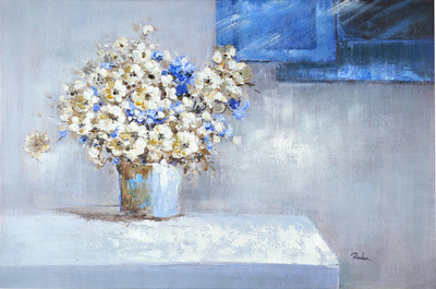 Quadro moderno fiori bianchi con finestra blu 90x60
