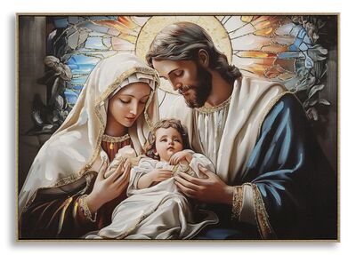 Quadro moderno Sacra Famiglia 102x72 stampa dipinta su tela laccata con cornice COLORI E LUCI