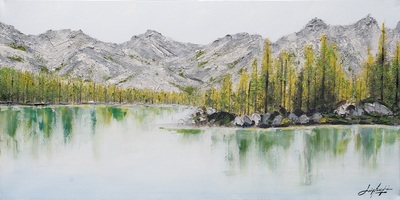 Quadro dipinto su tela lago in montagna con riva di pini 120x60  42000
