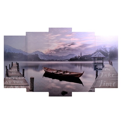 Quadro a 5 pannelli con stampa lago con barca e pontile 150x90 43504 COLORI E LUCI