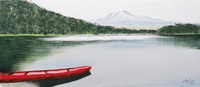 Quadro fiume con barca rossa e paesaggio montano 150x65  42001