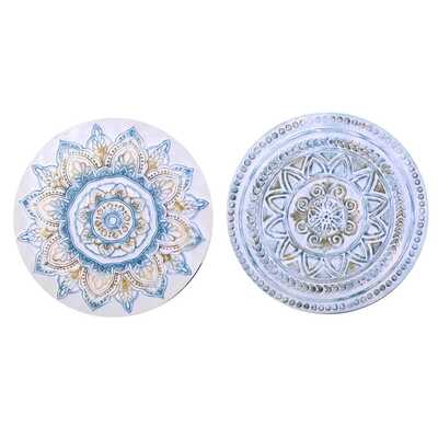 Set 2 quadri rotondi in legno astratti con motivi geometrici azzurri e oro 40180 COLORI E LUCI