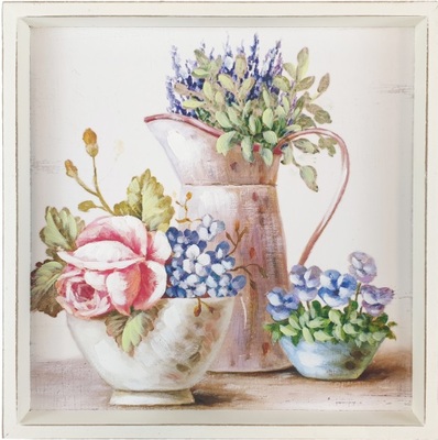 Quadretto con brocca di lavanda e fiori con cornice shabby 35,5x35,5 cm 39852 COLORI E LUCI