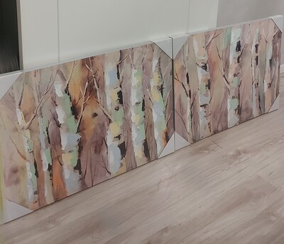 Quadri dipinti bosco tronchi 70x50cm 2 pezzi tonalit&agrave; verdi tortora grigio COLORI E LUCI