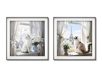 Coppia di quadri 62x62cm gatto alla finestra che ammirano la vista  45725