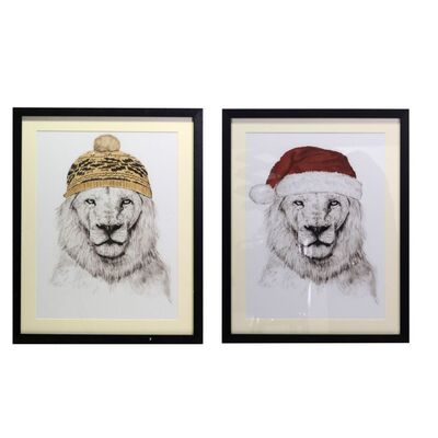 Set 2 quadri stampa leone con cappello 39x49  37943