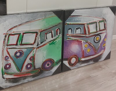 Set 2 quadri colorati con pulmino 50x50 viola e verdi 37276 COLORI E LUCI