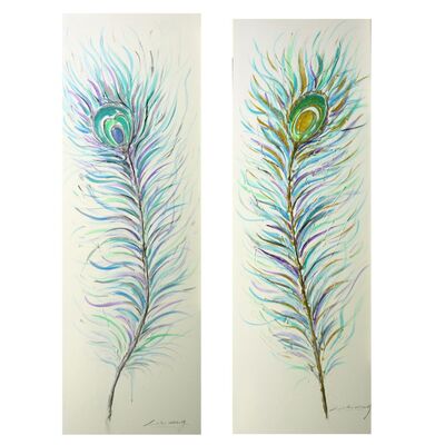 Set 2 quadri astratti 150x50 piume verdi-azzurre 37275 COLORI E LUCI
