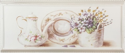 Quadro cucina rettangolare shabby 56x23 con fiori, teiera e piatto 39853 COLORI E LUCI