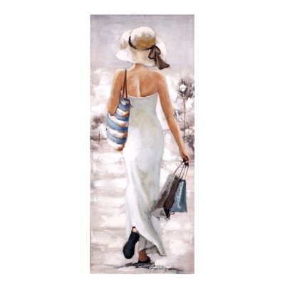 Quadro dipinto donna shopping blu tortora con cappello 55x135  39269