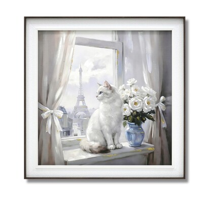 Quadro gatto bianco alla finestra 62x62cm  45726