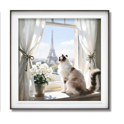 Quadro micio alla finestra con vista su Parigi 62x62 con cornice  45727