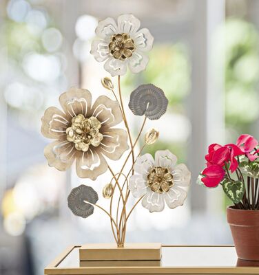 Soprammobile scultura in ferro con fiori toni del bianco tortora grigio oro  40272
