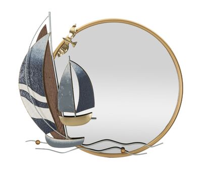 Specchio rotondo decorativo ingresso con barche a vela oro blu legno 71x64  42570