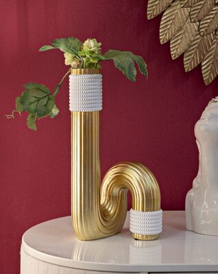 Vaso per fiori arredo design tubo curvato bianco oro 15,3x13x10,5  42889