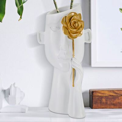 Vaso per fiori resina bianca sagoma viso con fiore 14x27  42859
