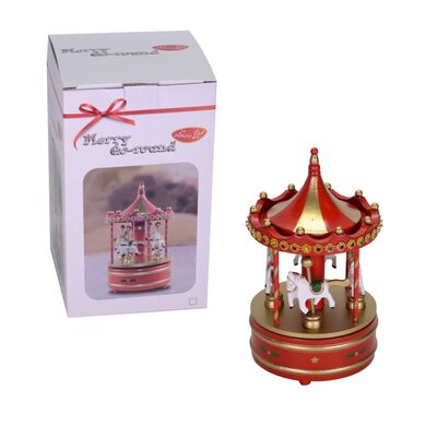 Giostra dei cavalli con carillon in legno rosso 14x23cm  38459