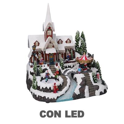 Giostrina con luci led, chiesetta e pista di pattinaggio 33x31x38  39526